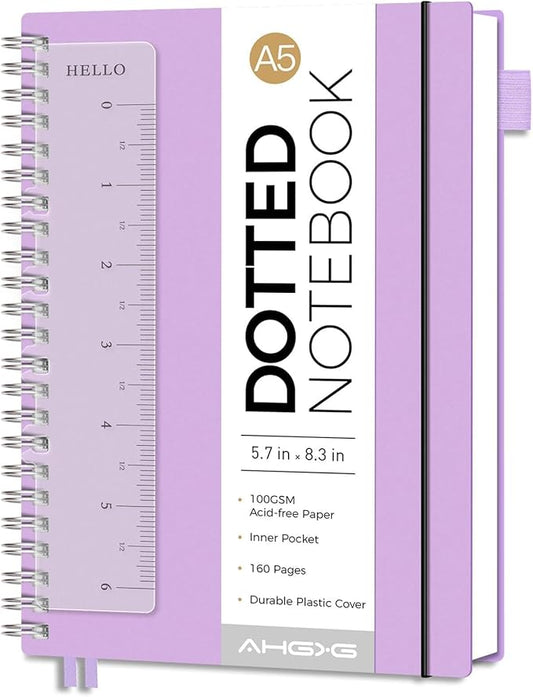AHGXG Dotted Journal - Dot Grid Spiral Notebook A5, 160 Pages, 100 GSM Thick Paper, Waterproof Plastic Cover Journals for Bullet Journaling, Sketching, 5.7" x 8.3", Purple