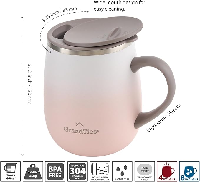 GRANDTIES 16oz Ceramic-Lined Insulated Coffee Mug with Sliding Lid, Wine-Glass Shape Thermal Tumbler with Double Walled Vacuum to Keeps Beverages Hot or Cold (Peach Blush)
