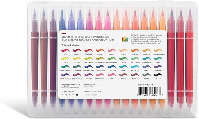 KINGART Dual Tip Brush Markers Art Pen Set, Artist Fine and Brush Tip Colored Pens, for Drawing, Lettering Calligraphy Journaling, Bible, Crafts, Set of 36 Bright Colors in Travel Storage Case