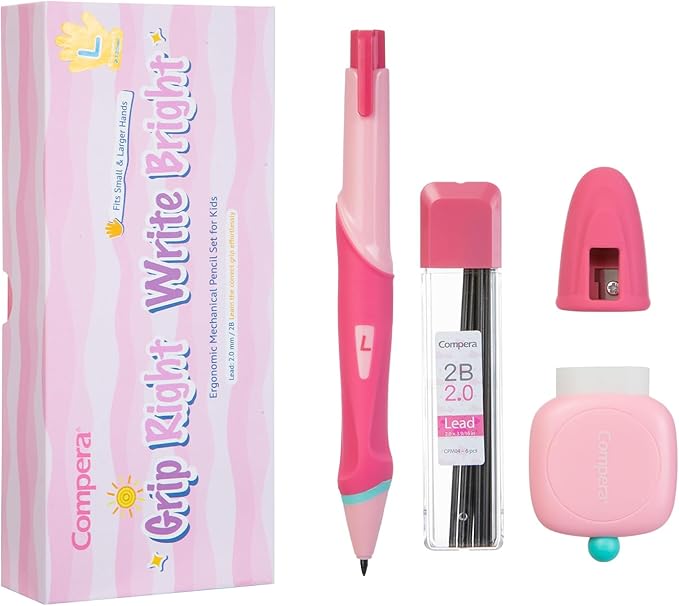 Ergonomic Pencil Set, 2.0mm HB Mechanical Pencils for Kids, School Supplies Include Sharpener, Eraser & 6 Extra Leads – Handwriting Aid for Preschool, Kindergarten, Homes, Pink, L