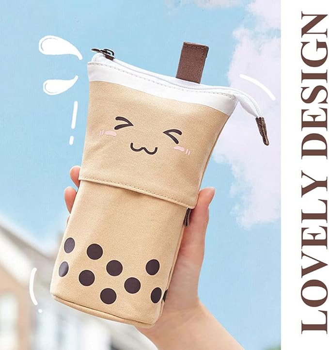 Cute Standing Pencil Case Pen Holder for Kids, Pop Up Stand UP Bubble Tea Pen Organizer Kawaii Stationary for Christmas Holiday New Year Office (Brown)