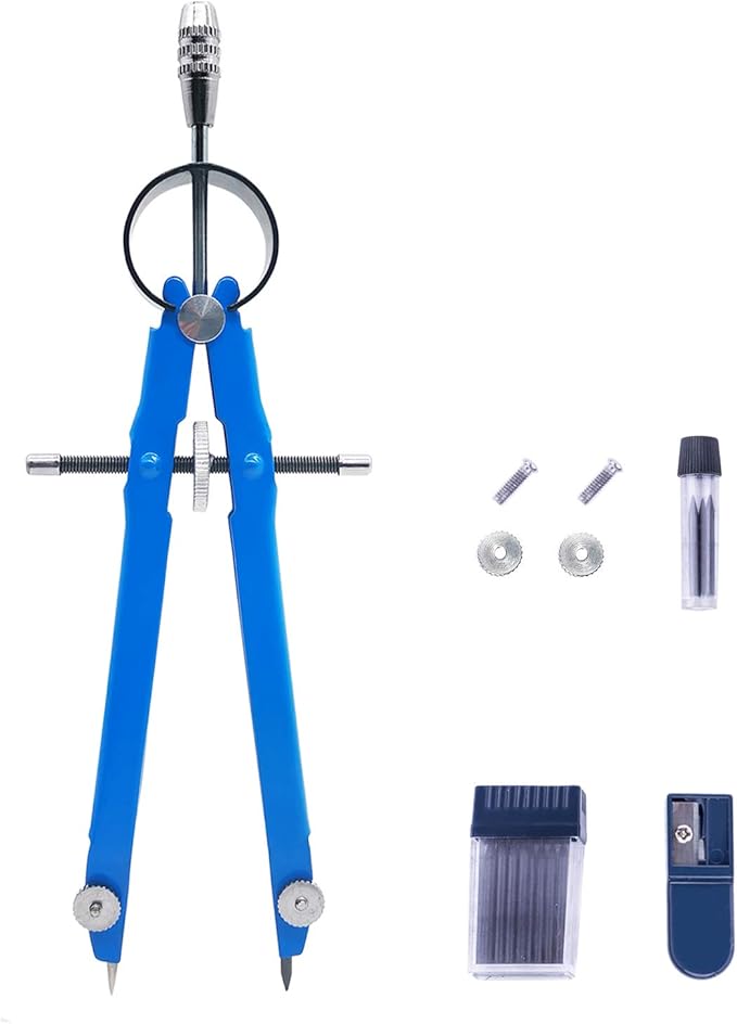 Lockable All Metal Bow Compass with Pencil Sharpener & 15 Lead Refills, Anti-Rust Geometry Compass for Drafting, School, Woodworking