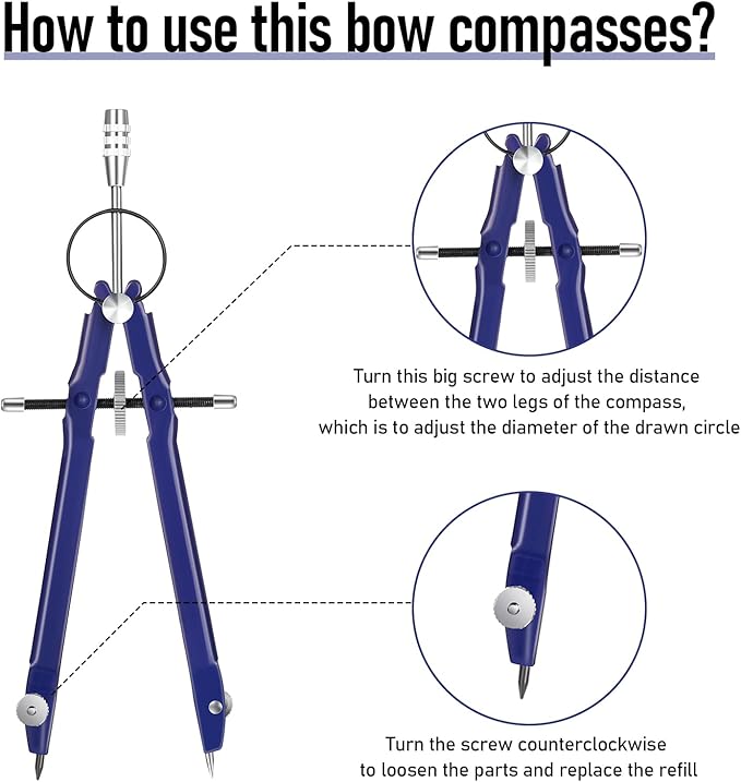 EBOOT Student Geometry Math Set, Metal Drawing Compass and 6 Inch Clear Swing Arm Protractors 180 Degree Math Protractor(Blue)