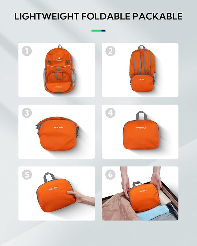 WATERFLY Hiking Packable Daypack Backpack: 25L Ultra Lightweight Day Pack for Women Men - Small Compact Folding Back Pack for Outdoor Sport Cycling Camping Travel Trip - Orange