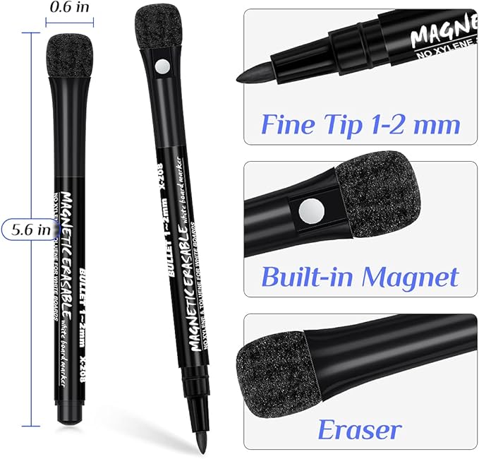 JR.WHITE Dry Erase Markers Fine Tip, White Board Markers Dry Erase with Eraser Cap, Magnetic Dry Erase Markers Black Thin Dry Erase Markers Low Odor for Teachers Office & School Supplies