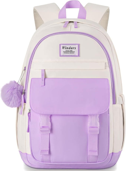 WINDARS School Backpack for Teen Girls, Cute College Backpacks for Women Students Aesthetic Bookbag Large 15.6 Inch Laptop Bag Middle School Travel Back Pack (Purple Beige)