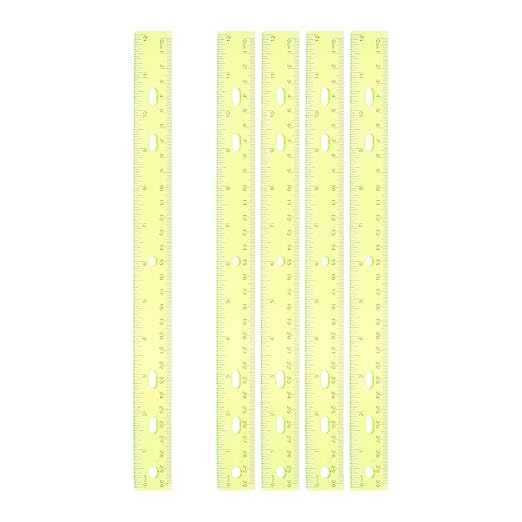 HARFINGTON 5pcs Plastic Rulers 12" (30cm) Clear Straight Ruler Measuring Tool Inches and Centimeters with Hole for Home Office Classrooms Drafting, Clear Yellow