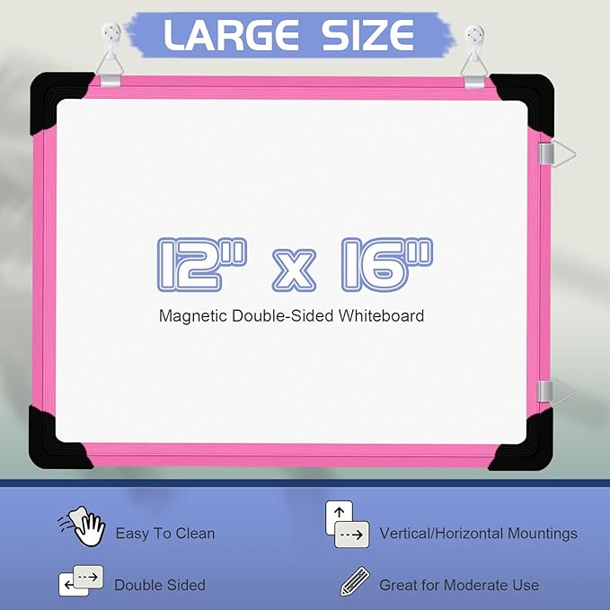 Dry Erase Calendar Whiteboard for Wall, 16" X 12" Magnetic White Board Dry Erase Calendar, Portable Hanging Dry Erase Board Framed Planner Memo Whiteboard Back to School Gift for Kid Student (Pink)