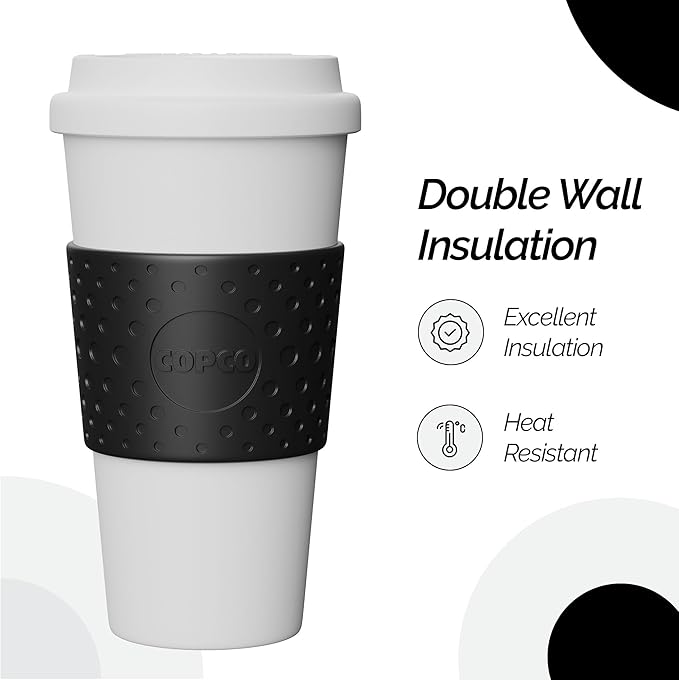Copco Acadia 16oz Travel Mug, Black | Double Wall Insulated Tumbler | Non-Slip Sleeve and BPA-Free | Microwave & Dishwasher Safe | Reusable Plastic Travel Coffee Mug
