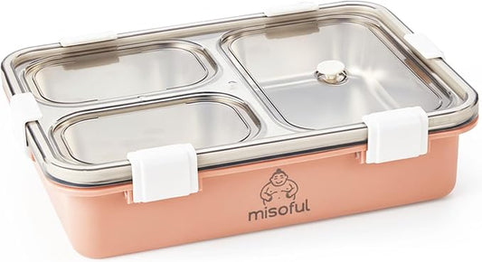 Bento Lunch Box for Kids Age 8+, Teens, Adults - 1000ml Stainless Steel School Lunchbox, 3 Compartments, Non-Microwavable, Compact BPA-Free Food Container for School Lunches, Snacks, Travel - Pink