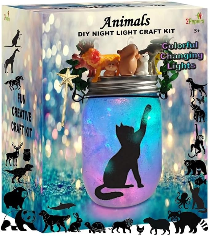 2Pepers DIY Zoo Animal Toy Night Light Art and Craft Kit for Kids Ages 3-12 Years, Animal Gift for Boys & Girls Birthday Present, Safari STEM Project Set, Jungle Sensory Bin Bedroom Decor Activity