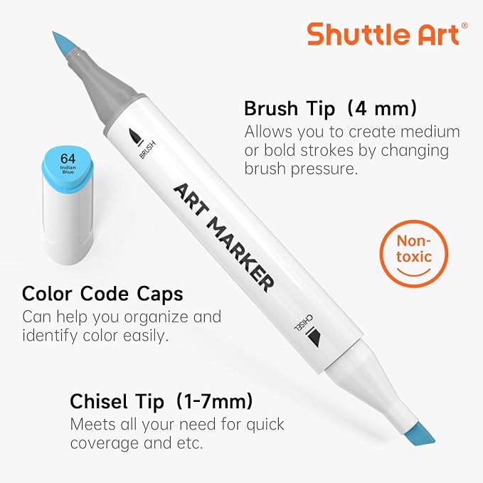 Shuttle Art Brush Tip Alcohol Markers, Dual Tip Brush & Chisel Tip Art Marker Set, 121 Colors Marker Pens with Organized Case Perfect for Illustration Kids Students Adults Coloring Sketching