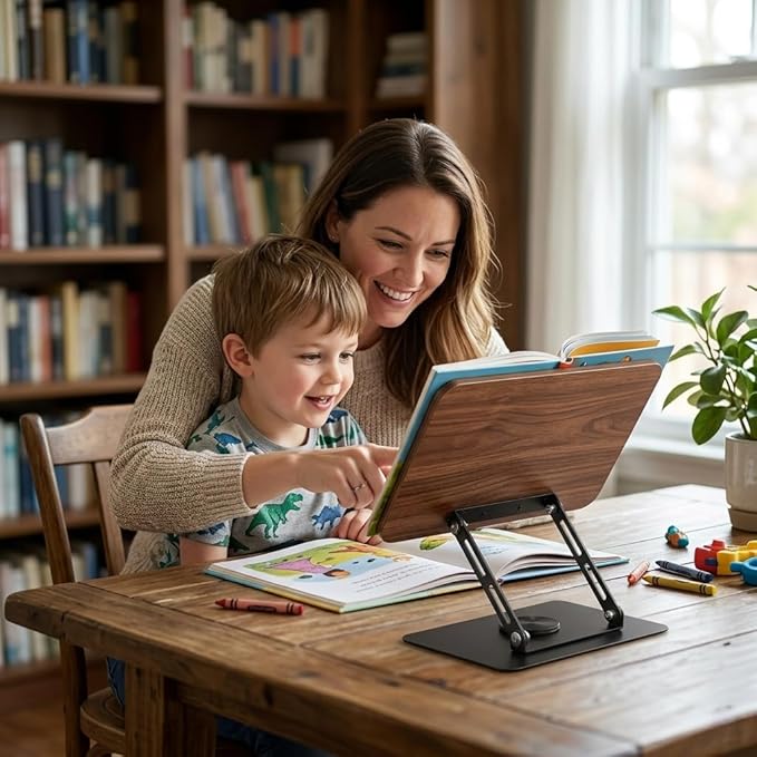 Premium Adjustable Bookstand for Desk - 360° Swivel Wooden Book Holder for Reading Hands Free, Heavy Duty Carbon Steel Textbook Stand, Portable Cookbook Holder for Kitchen Counter, Bible, Laptop