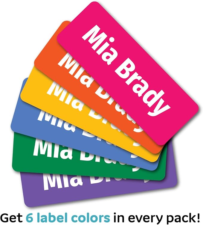 Kids Personalized Name Labels for School, Camp, Daycare (128 Labels) Custom Peel and Stick Waterproof Name Tags Stickers for Water Bottles, Lunch Boxes, Clothing, School Supplies (Hot Colors)