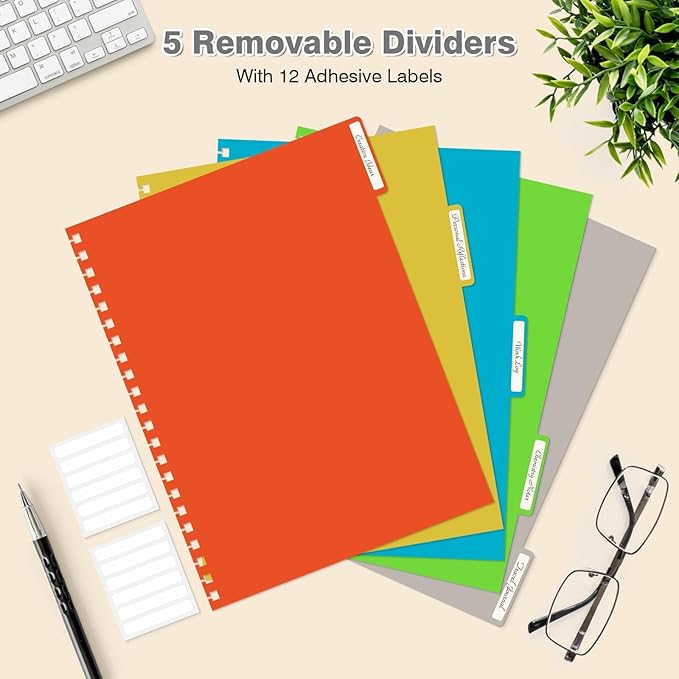 5 Subject Notebooks College Ruled, Spiral Lined Notebook with Removable Dividers, 300 Pages 100GSM Thick Spiral Writing Journal for Women & Men, Large A5 Notebooks for Work, School Supplies, 6" x 8"