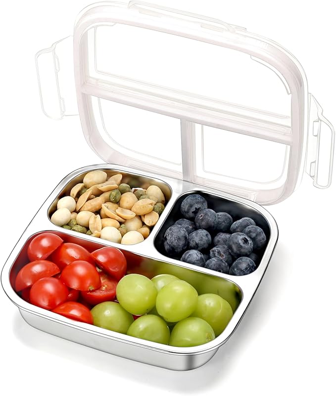 Stainless Steel Snack Containers for Kids, 3 Compartments Reusable on the go Bento Box with Lids, Toddler Lunch Box Containers Pre Meal Storage for Daycare School Outdoor Camping Travel - White