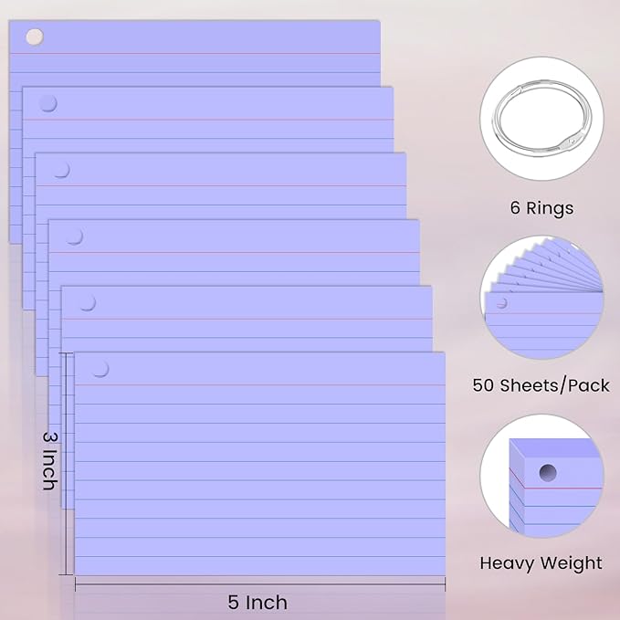 300 Count Index Cards 3 x 5 Inch Purple Flash Cards with Ring, Heavy Flashcards College Ruled Home Organization, Durable Study To Do List Note Cards with Ruled Lines for Office & School Supplies