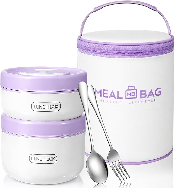 Dandat 2 Pcs Portable Insulated Lunch Containers Thermal Bento Box with Bag Fork Knife Microwavable Stainless Steel Lunch Box 15.2 oz 21 oz Separate Stackable Food Jar for Adult Men Women(Purple)