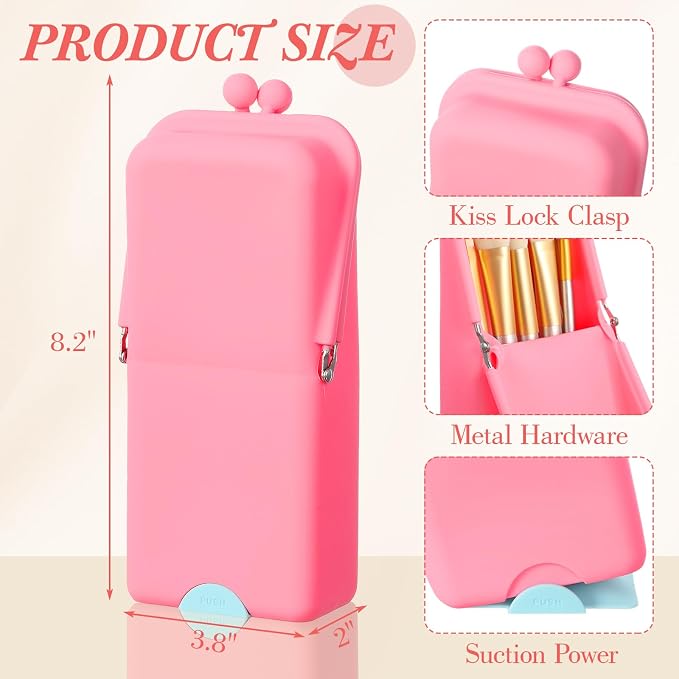 Kacctyen Makeup Brush Case Silicone Standing Makeup Brush Holder,Pink | Silicone Make up Travel Bag with Suction Portable Cosmetic Organizer Phone Stand Pouch for Travel Home Back to School Use