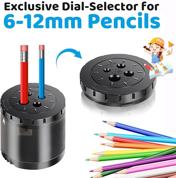 Heavy-Duty Electric Pencil Sharpener USB and Battery Power 4 Replacement Blades 4-Hole Adjustable for 6-12mm Art Pencils Large Capacity Automatic Pencil Sharpeners Black