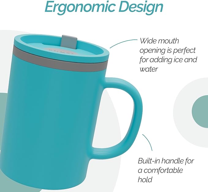 Copco Iconic 16oz Double Wall Insulated Desk Mug with Lid and Handle, Set of 2, BPA-Free Reusable Plastic, Spill-Resistant, Microwave & Dishwasher Safe, Wide Mouth (Aqua/Mint)