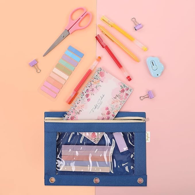 SKYDUE Pencil Pouch for 3 Ring Binder, 9.8" x 7.3" Clear Window Pencil Bag | Zipper Pencil Pouches for Girls Boys, Pencil Pouch with 3 Reinforced Grommets, Durable Organizer for School Supplies