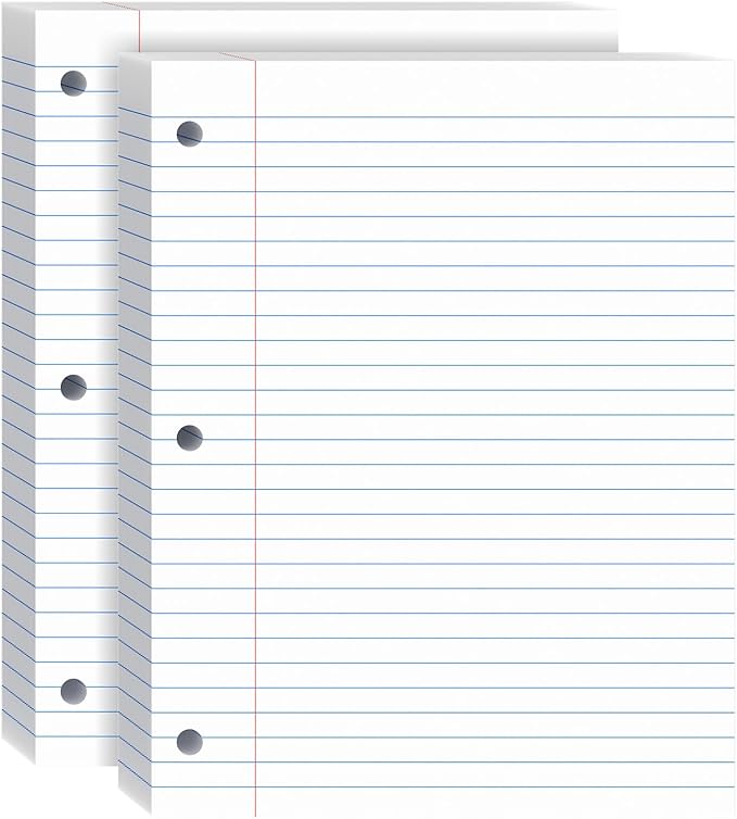 Loose Leaf Paper, 8.5x11 Wide Ruled, Notebook Paper for 3 Ring Binders, White Binder Notebook, 3 Hole Punch Paper, 100 Sheets/pack, 2 Pack
