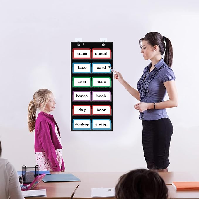 ANCOMEDO 10”W x 25”H Classroom Words Pocket Chart with 6 Clear Pockets, Black Standard Pocket Chart for Classroom and Home for Sentence Strips, Reusable Words Hanging Pocket Chart (Black)