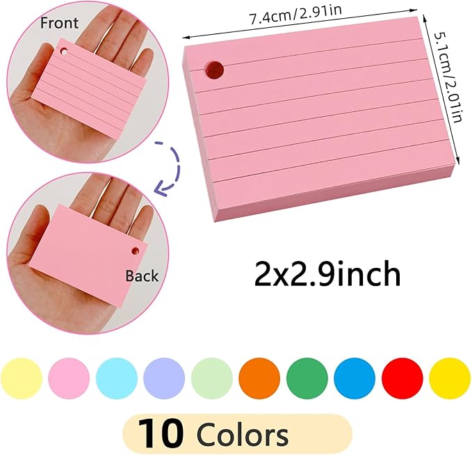 10 Colored Index Cards 2x3 Inches Flash Cards 1000pcs Lined Ruled Study Card for Learning, Studying Memory Office College Recipe Game Cards