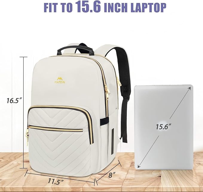 MATEIN Travel Laptop Backpack, Anti Theft Quilted Slim Backpacks for Women | Bookbag with Detachable Keychain Hook, Carry on Bags Purse, for Teacher Doctor Nurse, Fits 15.6 Inch Notebook, White