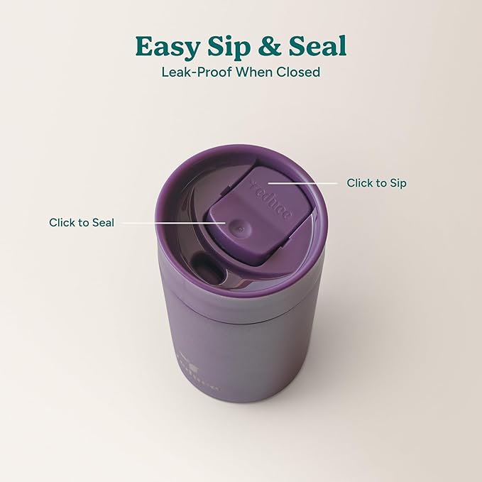 REDUCE Perk 10oz Insulated Coffee Tumbler – Leak-Proof with Lockable Lid and Vacuum Insulation–Durable Stainless Steel–Fits Car Cup Holders–One-Handed Travel Mug in Sand Leopard Print - Midnight Plum