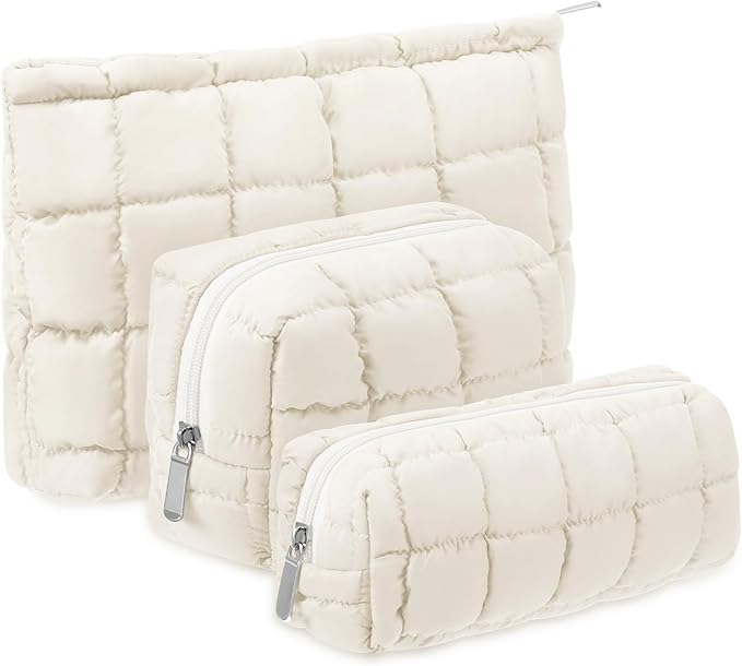 Huhumy 3 Pcs Puffy Makeup Bag Quilted Cosmetic Pouch for Women Cute Checkered Travel Toiletry Bag Puffer Makeup Organizer Purse Pouch Preppy Pencil Case with Zipper