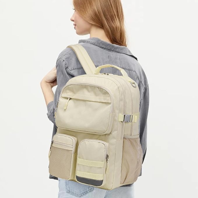 Lohol Water Resistant Backpack with Multifunctional Pockets for Teens, Durable Bookbag fits 15.6 inch Laptop for School Travel College, 25L (Beige)