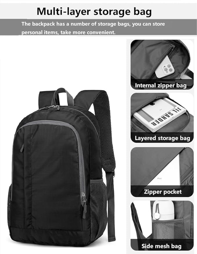Ultra Lightweight-Packable-Hiking-Backpack Small Foldable Travel Camping Daypack Casual Outdoor Water-resistant 25L Backpacks (Black)