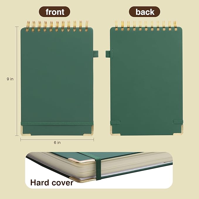300 Pages Top Spiral Notebook 6x9 Leather Steno Pad Hardcover Steno Notebooks Top Spiral for Work Steno NotePad, 100 GSM Thick Paper, Left Handed Notebooks for Office College School,Green