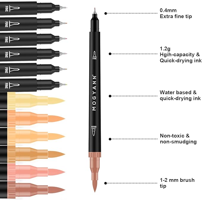 Skin Tone Markers, 12 Pack Dual Brush Pens for Art Drawing Sketching