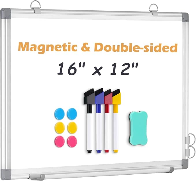 Double-Sided White Board, 16"x12" Dry Erase Whiteboard for Wall with Aluminum Frame Presentation Board for School, Office and Home