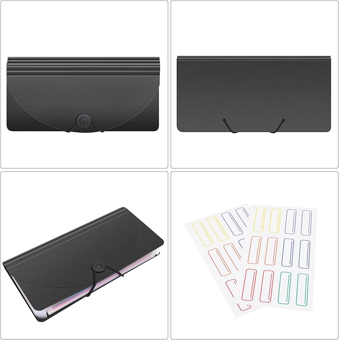 Uquelic Stand Receipt Organizer Folder - 13 Pockets Expanding Coupons Storage/Rainbow Large Capacity Bill Organizer for Desk with Label, in Case I Go Missing Binder Organizer (Black)