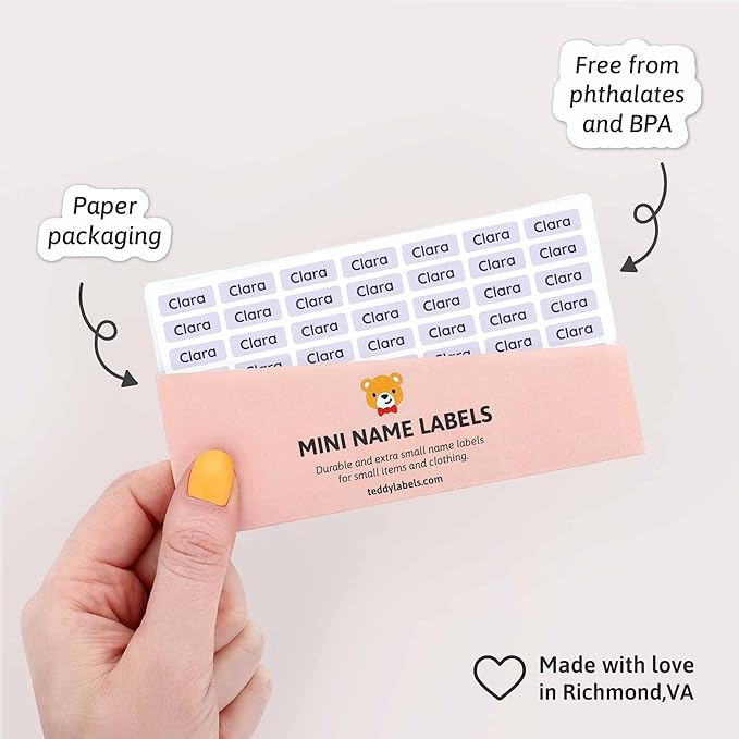 Mini Name Labels (175) - Custom Personalized Name Labels for Labeling Tiny Items, Washer and Dryer-Safe Waterproof Labels for Daycare, Preschool, and School - Light Purple