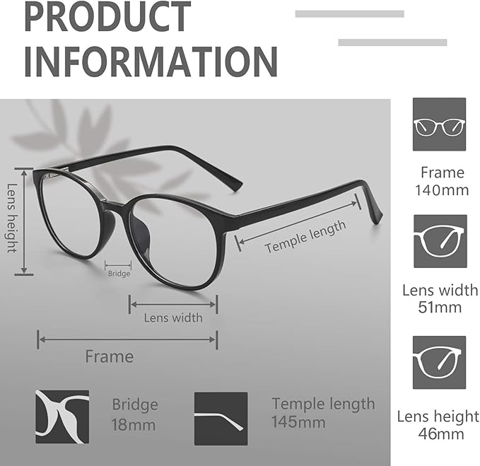 FONHCOO Stylish Blue Light Glasses Women Men Eyeglasses, TR90 Fashion Round Transparent Eye Glasses (Shiny Black)