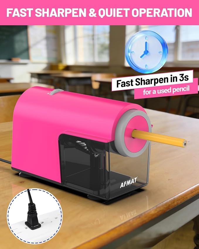 AFMAT Electric Pencil Sharpener, Fully Automatic Pencil Sharpener for 6.5-10.5mm No.2/Jumbo/Colored Pencils, Auto in & Out, 5 Sharpness Modes, 10000+ Sharpenings for Classroom Home Office, PSC5(Pink)