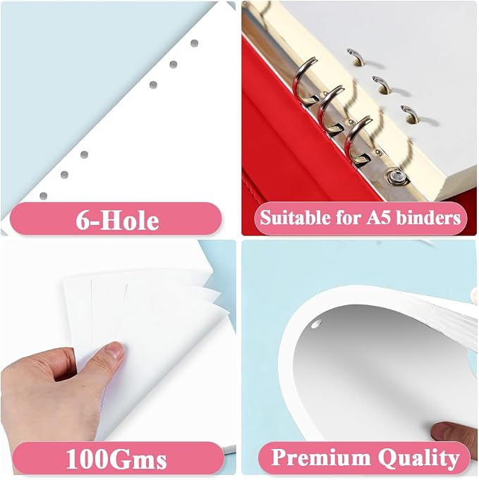 A5 Blank Paper - 6-Hole Punched Paper Refills for A5 Binder, 80 Sheets/160 Pages Printer Paper, 100gsm, White, 5.6'' x 8.2''
