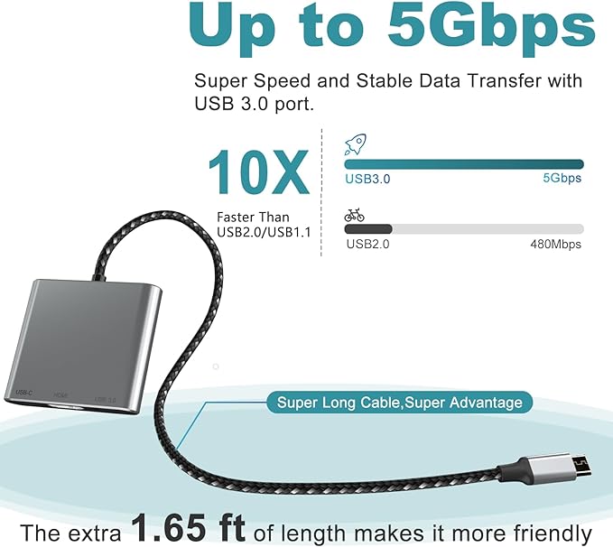 Battony USB C Multiport AV Adapter with 4K HDTV Output USB 3.0 Port, 50cm Braided Cable & USB-C Fasting Charging Port,Compatible for MacBook Pro Air M1 M2 Pad Pro iMac and Other Type C Devices