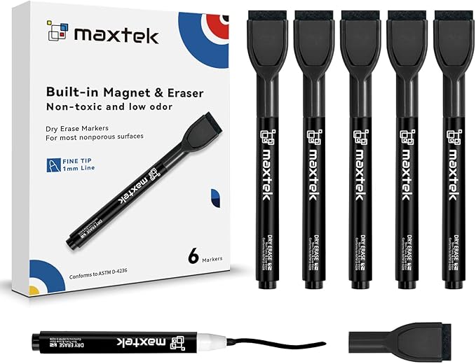 maxtek Magnetic Black Dry Erase Markers, 6 Count Fine Tip Whiteboard Markers with Eraser, Thin Markers Low Odor for Classroom, Office, Home