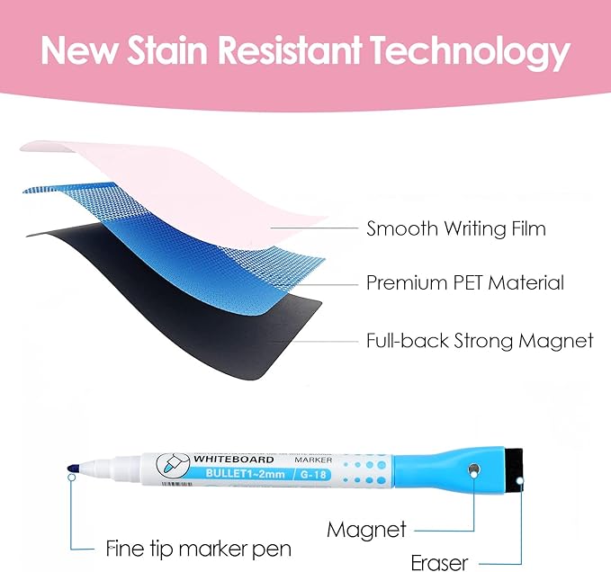 MaxGear Magnetic Pink Dry Erase Board Sheet 12"x8" for Refrigerator, Small Fridge Magnetic Whiteboard for Kitchen, Fridge Shopping List for Family Planner and Grocery List, 1 Eraser, 3 Markers
