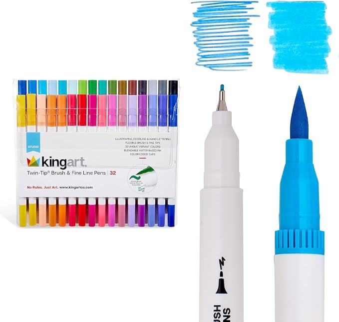 KINGART 32 Double Tip Brush Pens Art Markers, Artist Fine & Brush Pen Coloring Markers for Adult Book Cards Drawing Craft Kit Teacher Office Supplies