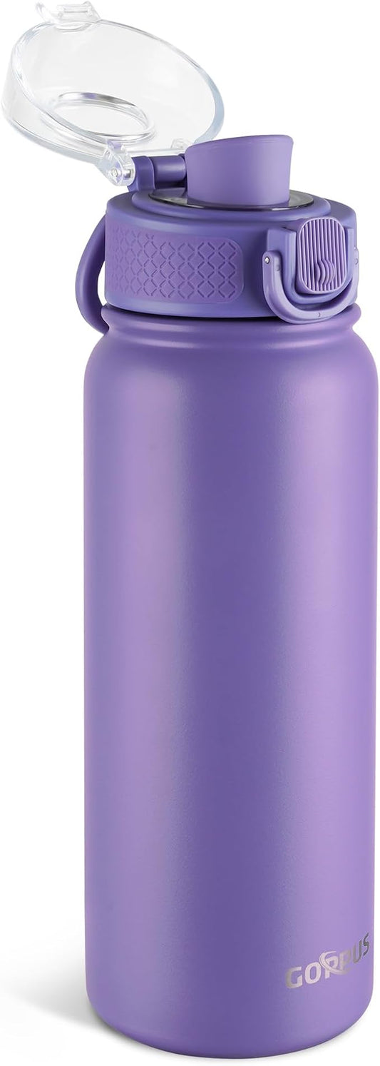 GOPPUS Insulated Water Bottle 20oz Stainless Steel BPA-Free Sports Bottle Ideal for School and Travel Silicone Spout Lid Prevents Leaks, Sweat, and Dust (Purple)