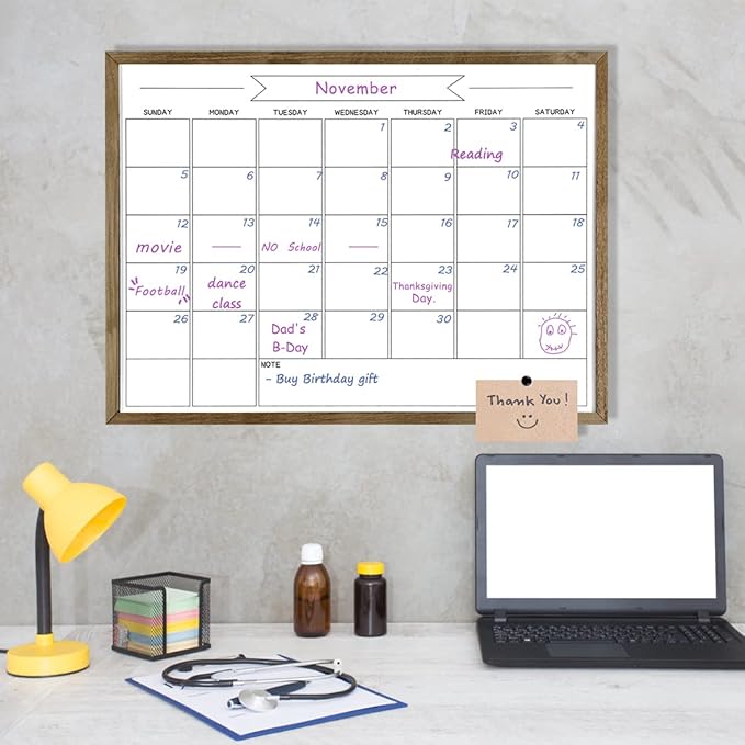 Dry Erase Monthly Calendar Whiteboard for Wall, Large Solid Pine Wood Rustic Brown Frame Magnetic Surface Whiteboard for Wall，23.6"x 31.5"(YLBB-B-RB-6080)