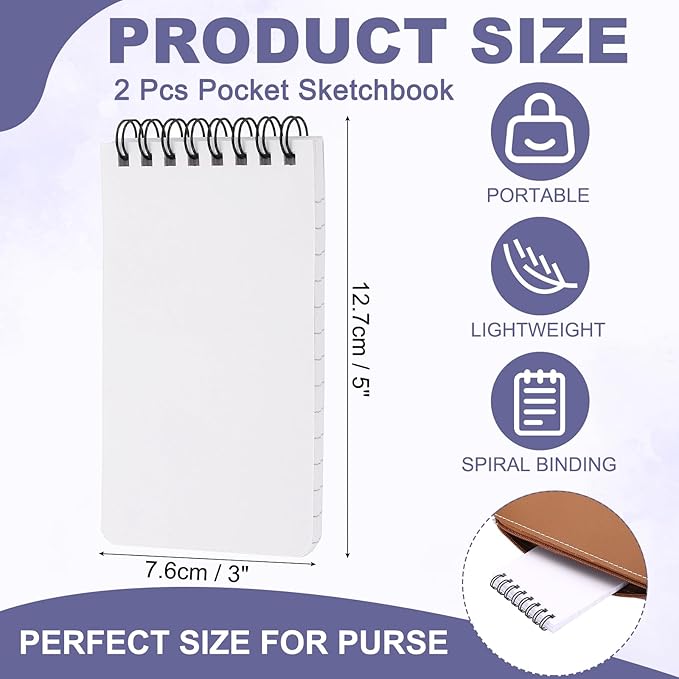 PATIKIL 3x5" Pocket Sketchbook, 2 Pcs Top Spiral Notebook Mini Lined Notebook Memo Pads 80GSM 60 Sheets/120 Pages Hard Cover Portable for Office Outdoor Travel Journal Draw, White
