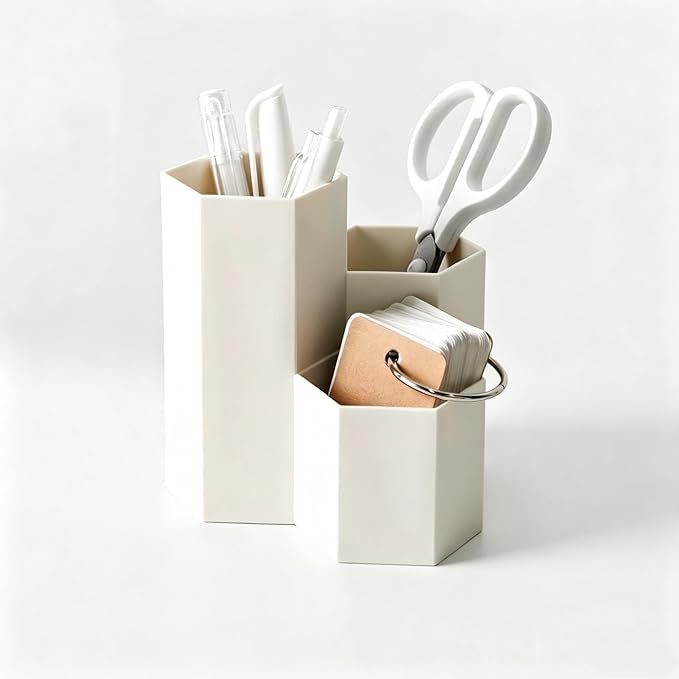 Pen Holder for Desk, White Pens Cup with 3 Compartment Small Desk Organizer Cute Pencil Holder for Office,School and Home (White, Triangular)